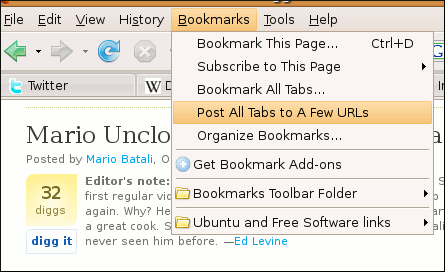 "Post All Tabs to A Few URLs" is in Firefox's Bookmarks menu