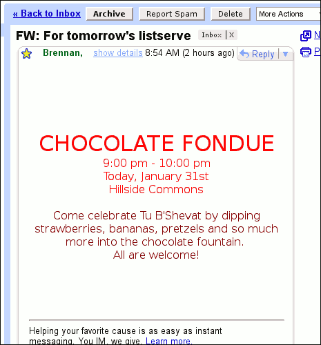 Fondue invitation reads "Come celebrate Tu B'Shevat by dipping strawberries, bananas, pretzels and so much more into the chocolate fountain."